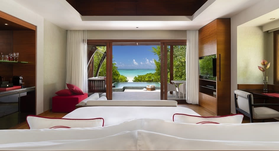 Beach Pool Villa Guest Bedroom with Beach and Pool View at Niyama Private Islands Maldives