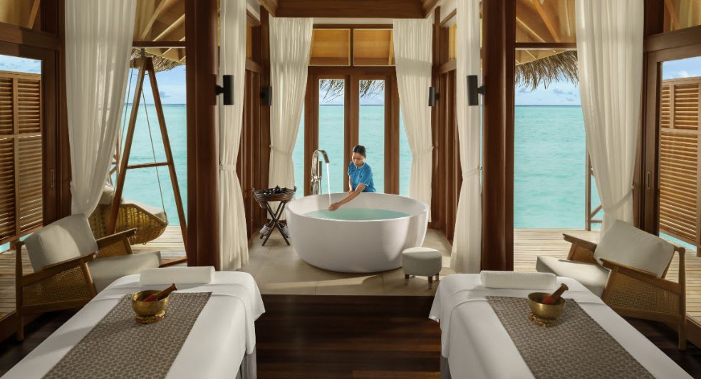 Over water spa and wellness treatment room, at Anantara Dhigu Maldives Resort