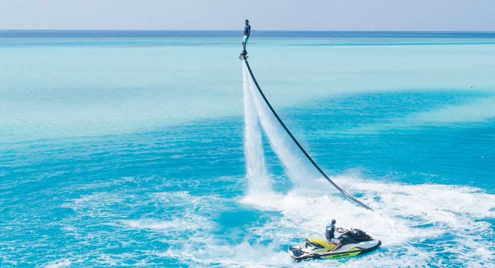 Watersports flyboarding experience available for guests of Anantara Dhigu Maldives Resort, Anantara Veli Maldives Resort and Naladhu Private Island Maldives Resort
