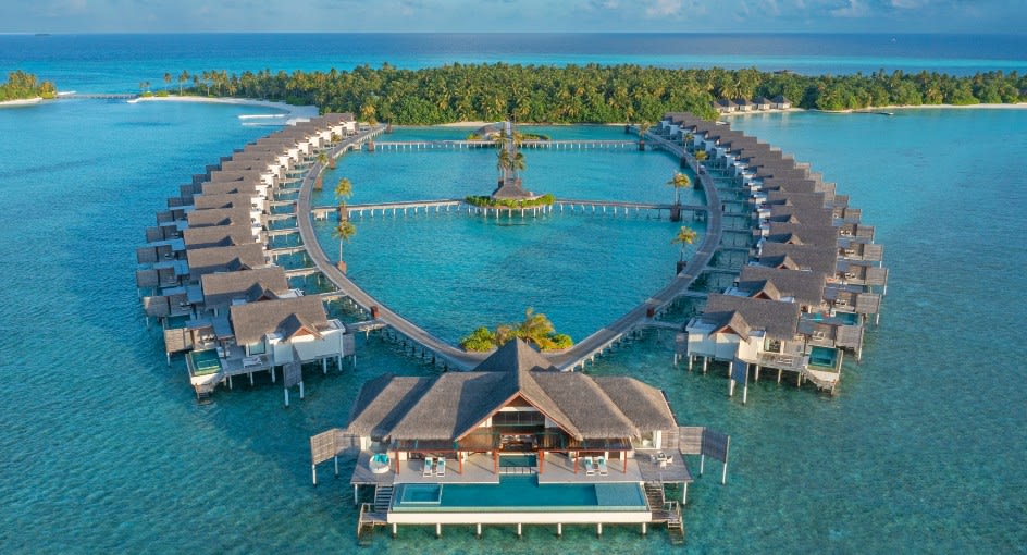 Aerial view of the over water pool villas in Niyama Private Islands Maldives