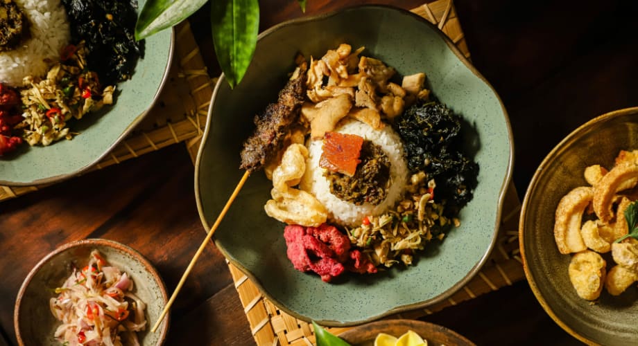 Balinese meal of rice with Balinese roast pork and other side dishes