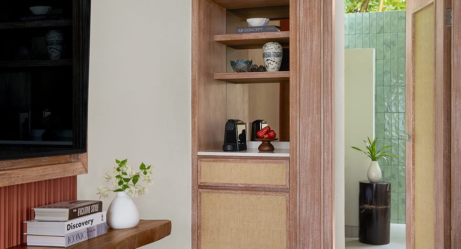Stylish minibar and coffee setup at NH Collection Maldives Reethi Beach