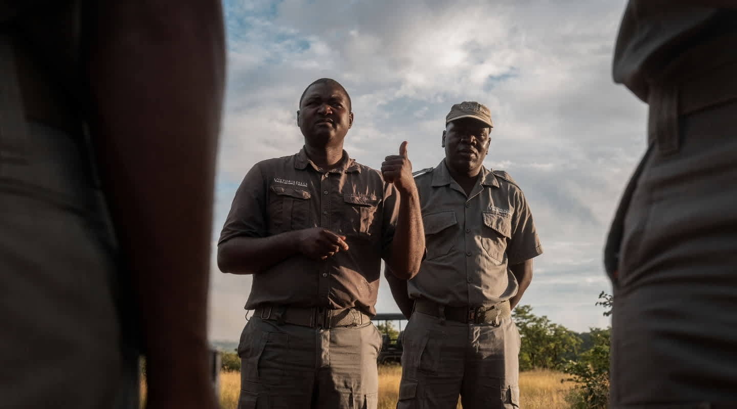 Picket Chabwedzeka, Victoria Falls Private Game Reserve Manager, briefs his Rhino Ranger Patrol unit. 