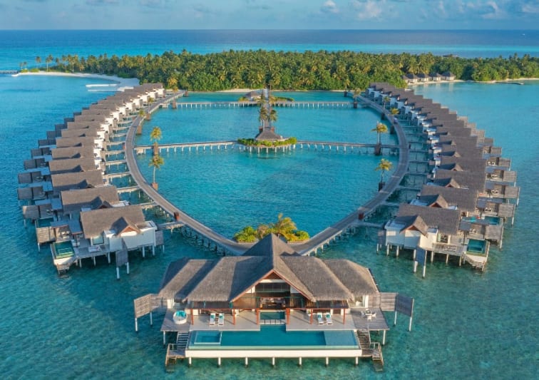 Aerial view of the over water pool villas in Niyama Private Islands Maldives