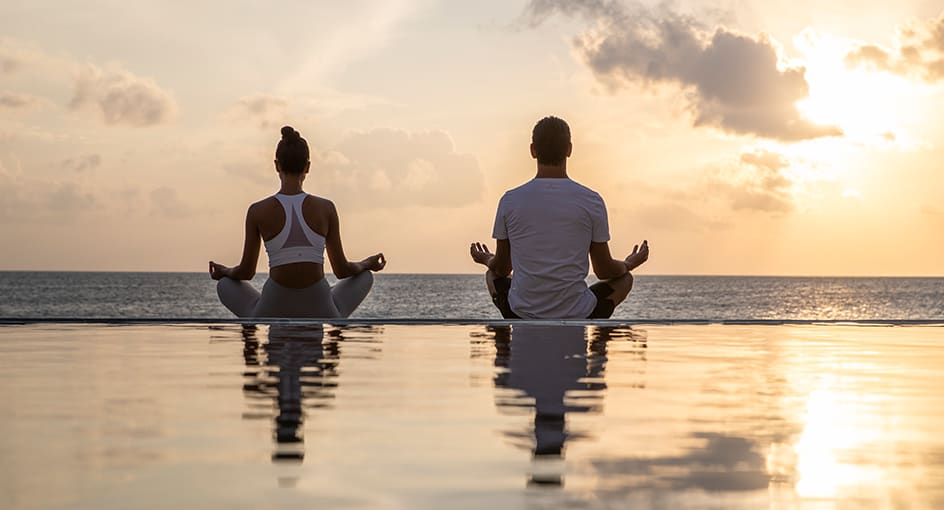 Peaceful Women Meditate Beach Yoga Vitality Adult Body Photo