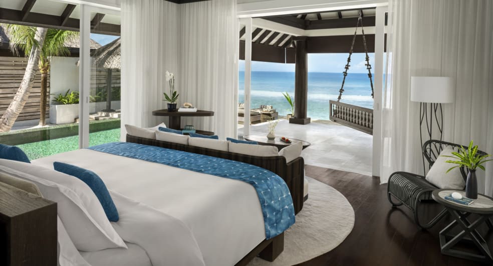 Bedroom view of the Ocean House with Pool at Naladhu Private Island Maldives