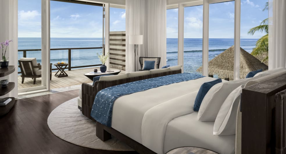 Bedroom view of the Two Bedroom Beach Pool Residence at Naladhu Private Island Maldives