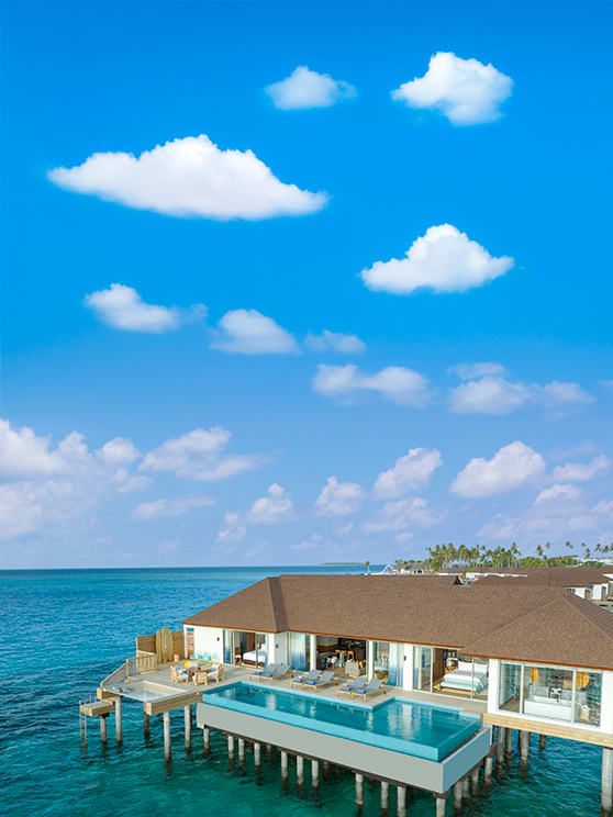 Aerial view of Three Bedroom Sunset Over Water Pool Residence at Avani+ Fares Maldives Resort