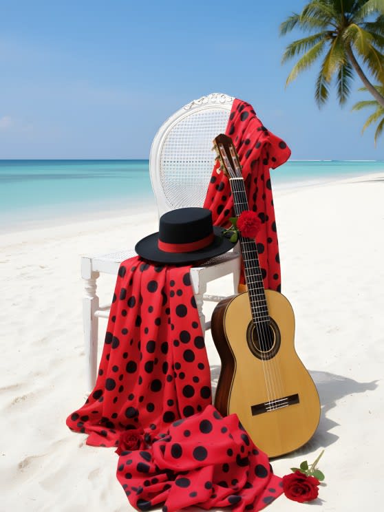 Spanish flamenco hat, red polka-dot shawl and guitar on a white sand beach with turquoise water, symbolising the festive season at NH Collection Maldives Reethi Resort.