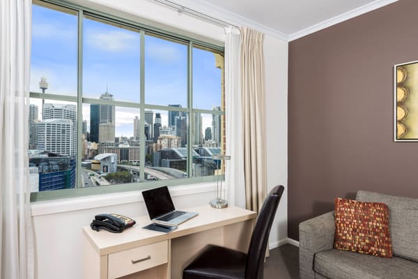 Hotels near Darling Harbour with work desk for corporate travellers visiting Darling Harbour staying in 2 bedroom hotel apartment at Oaks Goldsbrough Apartments with views of Sydney city