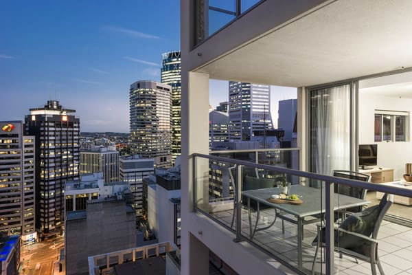 balcony at Oaks Lexicon Apartments hotel on Ann St in Brisbane city near Central Station